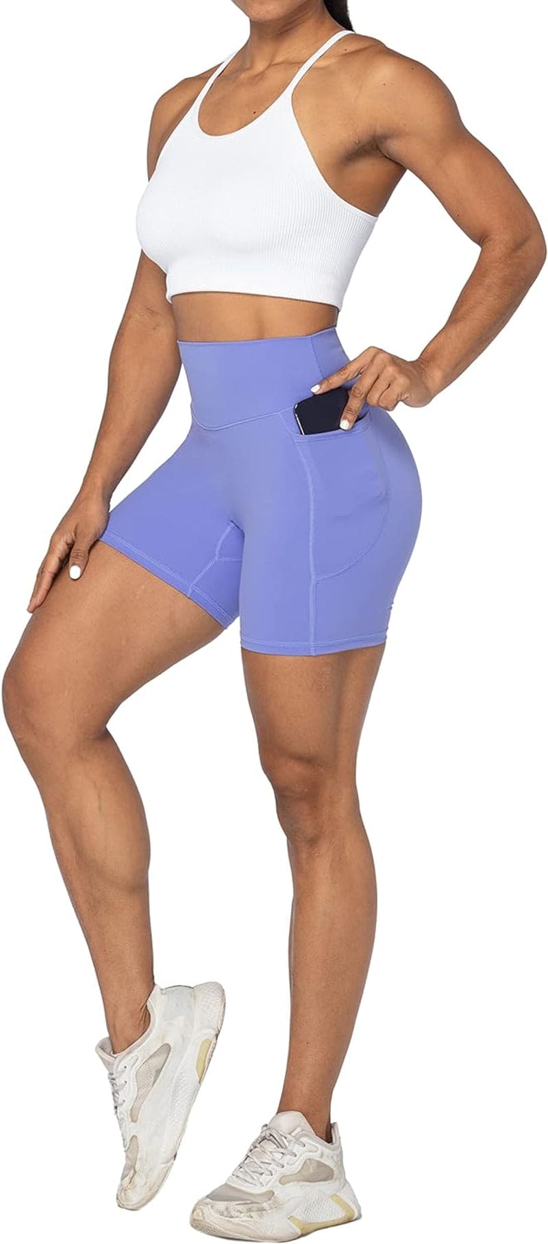 No Front Seam Biker Shorts for Women with Pockets, Yoga Workout Gym Bike Shorts with Tummy Control