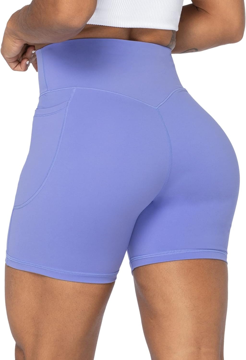 No Front Seam Biker Shorts for Women with Pockets, Yoga Workout Gym Bike Shorts with Tummy Control