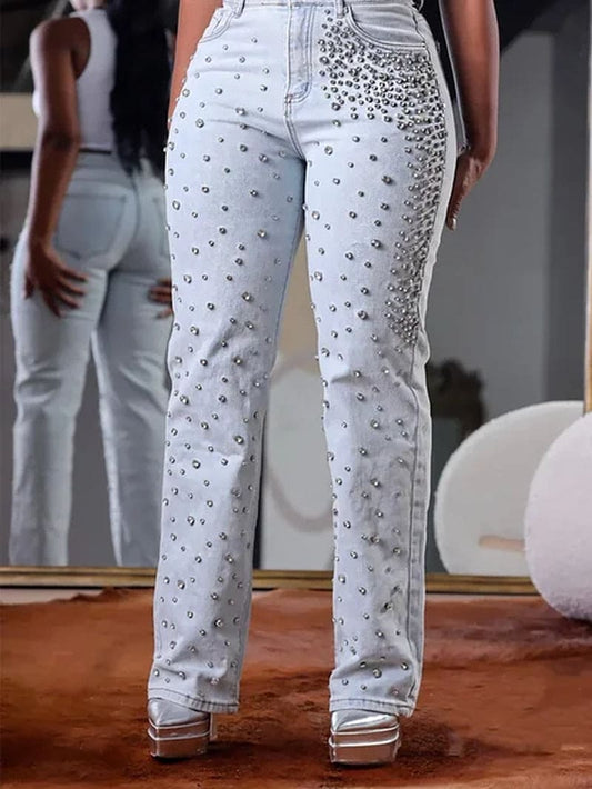 Women'S Beading Jeans High Waist Slim Spring Casual Denim Pant Vintage Fashion 2024 Streetwear Straight Jeans Trousers 2024