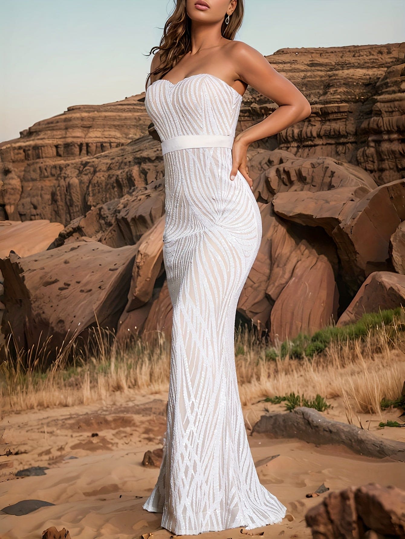 Sequined Mermaid Tube Dress, Elegant Strapless Flare Bodycon Dress For Party & Banquet, Women's Clothing