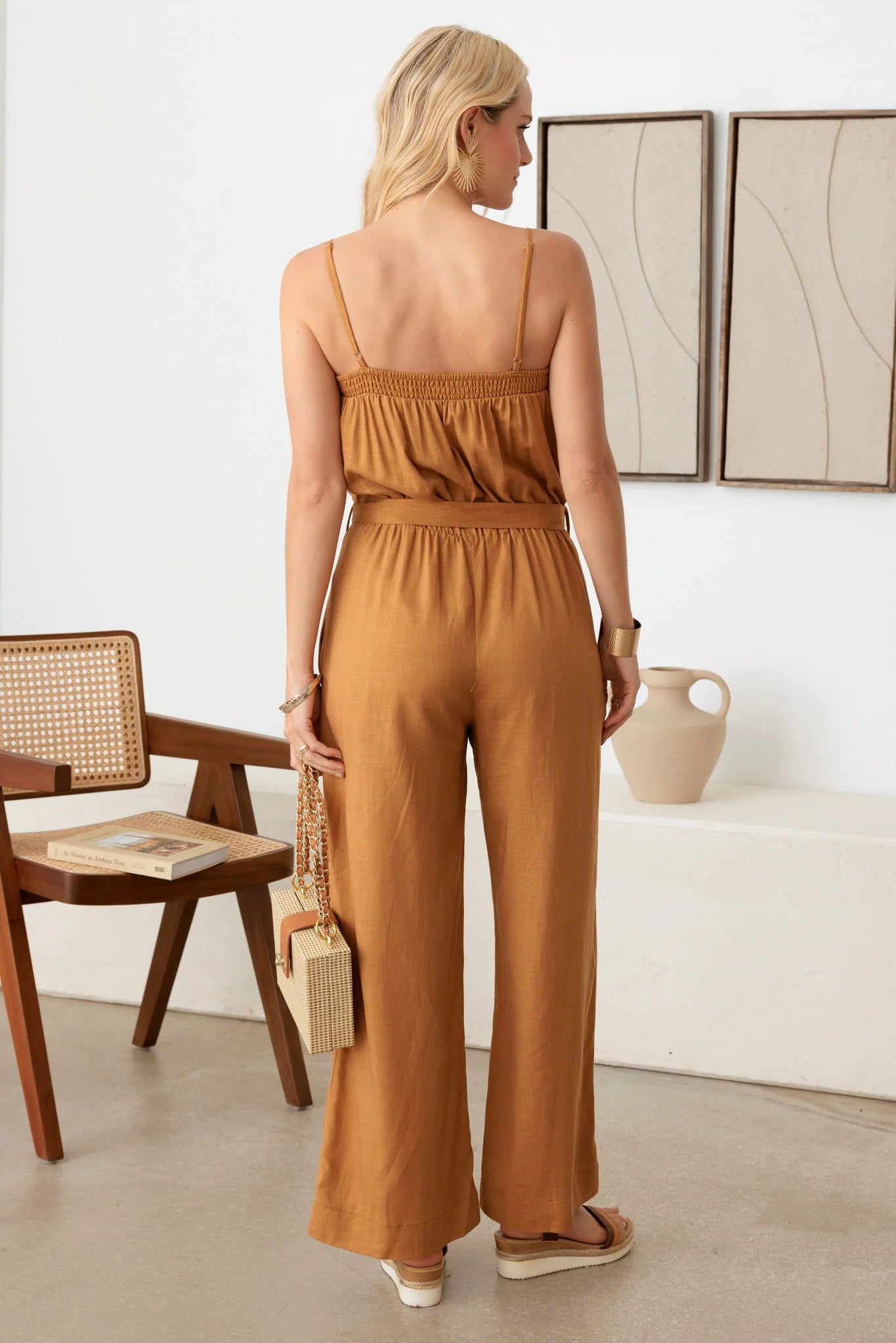 Linen Jumpsuit with Tie Waist and Smocked Neck-Line