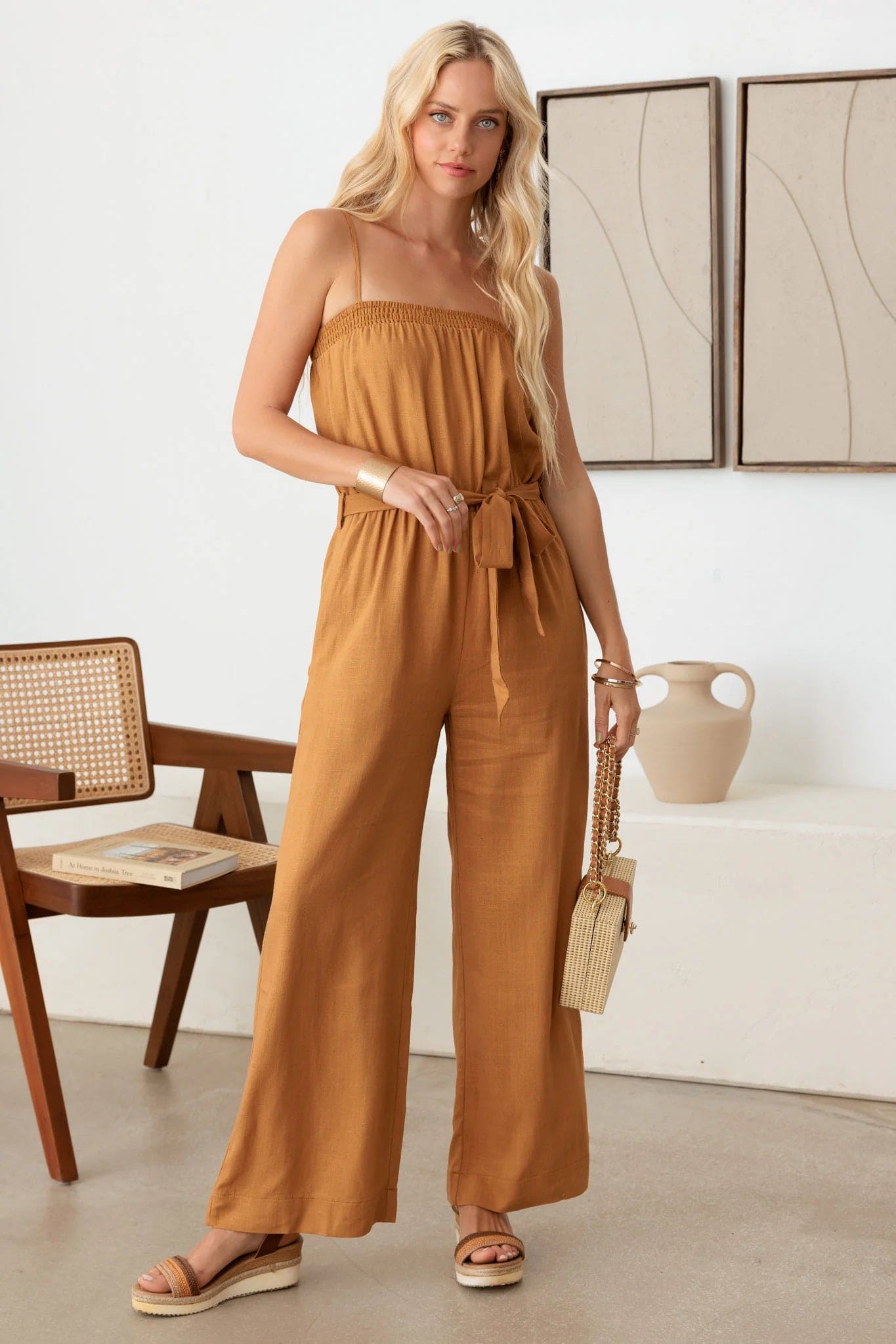 Linen Jumpsuit with Tie Waist and Smocked Neck-Line