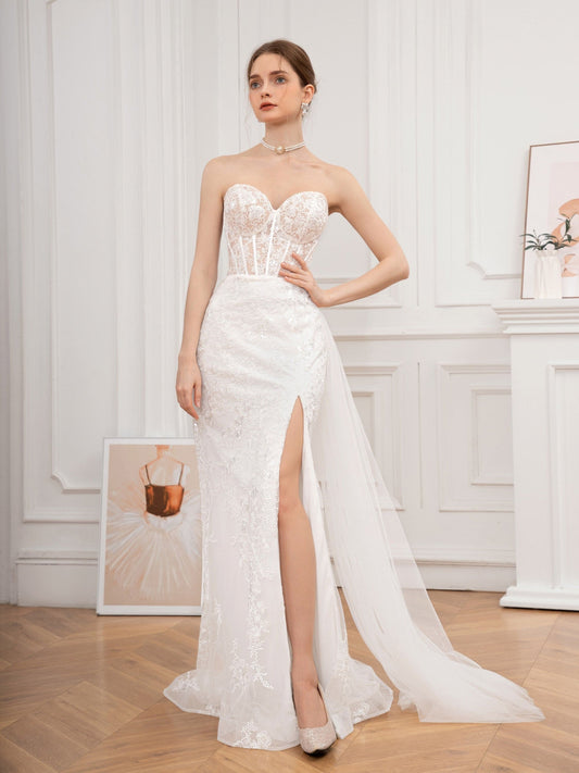 Sparkling Sequin Tube Formal Dress, Elegant Strapless Split Thigh Mesh Draped Dress For Party & Banquet, Women's Clothing