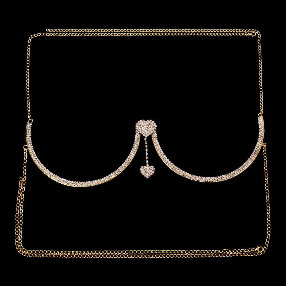 Rhinestone Bra Body Chain-Double Heart Rhinestone Body Chain | Stylish Chest Support Jewelry