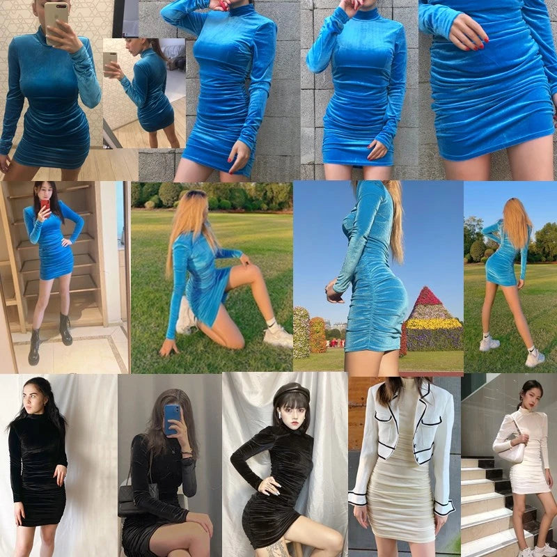 Sultry Elegance: Women's Autumn Bodycon Velvet Mini Dress with Long Sleeve and High Neck