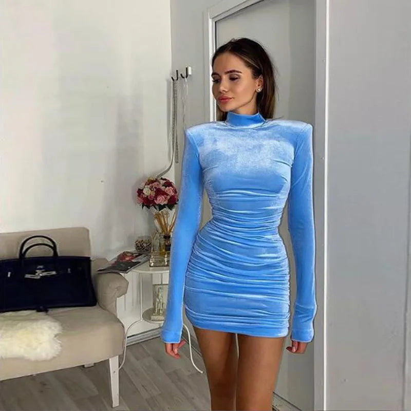 Sultry Elegance: Women's Autumn Bodycon Velvet Mini Dress with Long Sleeve and High Neck