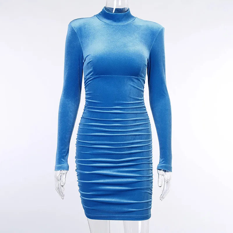 Sultry Elegance: Women's Autumn Bodycon Velvet Mini Dress with Long Sleeve and High Neck