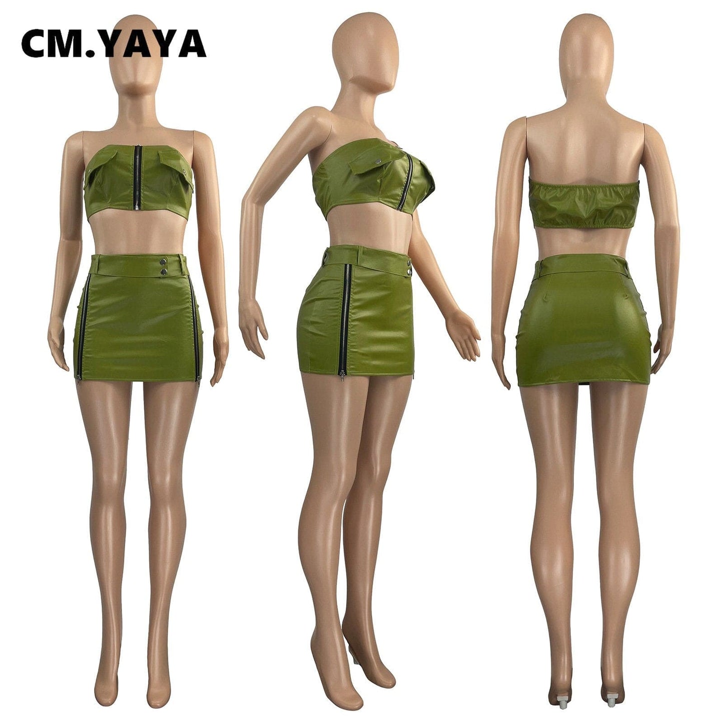 Fashion Street Faux Leather Women Zipper Fly Strapless Crop Top + Slit A-line Skirt