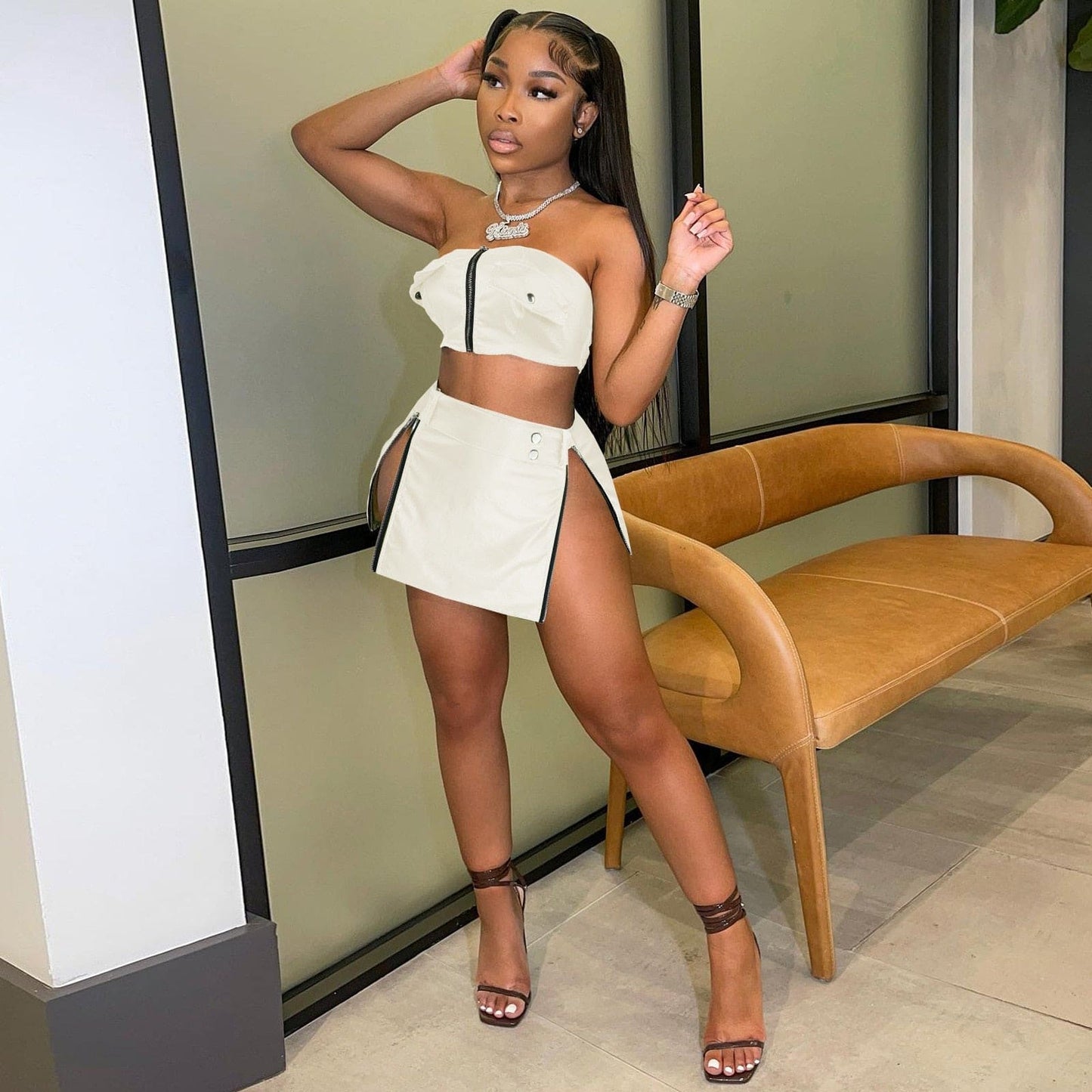 Fashion Street Faux Leather Women Zipper Fly Strapless Crop Top + Slit A-line Skirt