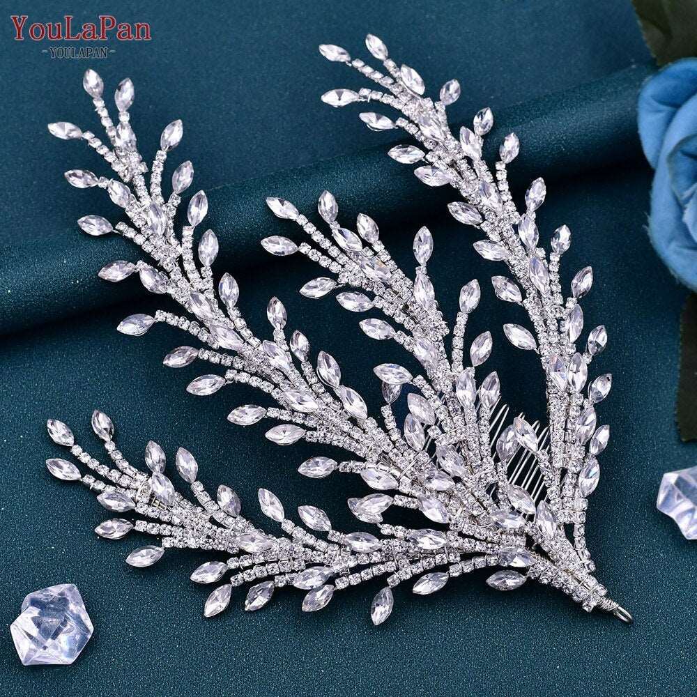 Bridal Comb Tiara | Rhinestone Leaf Wedding Hair Jewelry for Luxury Crystal Headdress