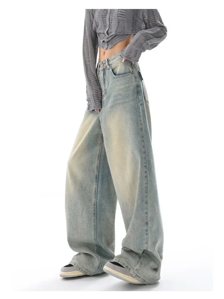 Retro Distressed Blue Baggy Jeans Women - Grunge Wide Leg Denim Pants