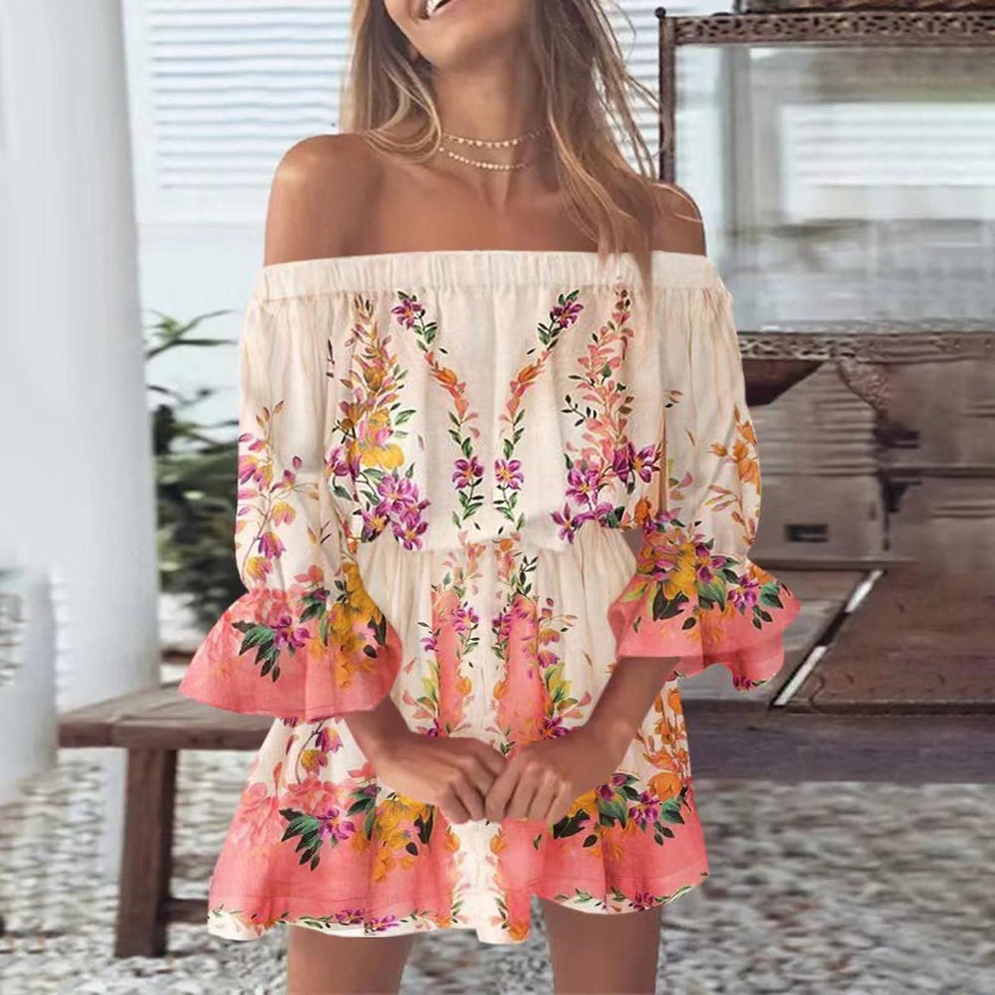 Step into Summer 2023 with Boho Chic Vibes in Our Off-Shoulder Floral Print Flare Sleeve Tunic Dress!