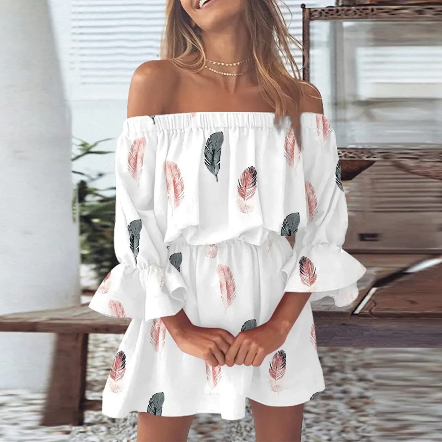Step into Summer 2023 with Boho Chic Vibes in Our Off-Shoulder Floral Print Flare Sleeve Tunic Dress!