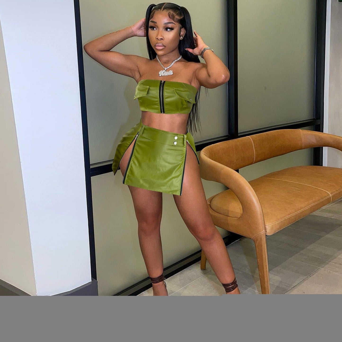 Fashion Street Faux Leather Women Zipper Fly Strapless Crop Top + Slit A-line Skirt