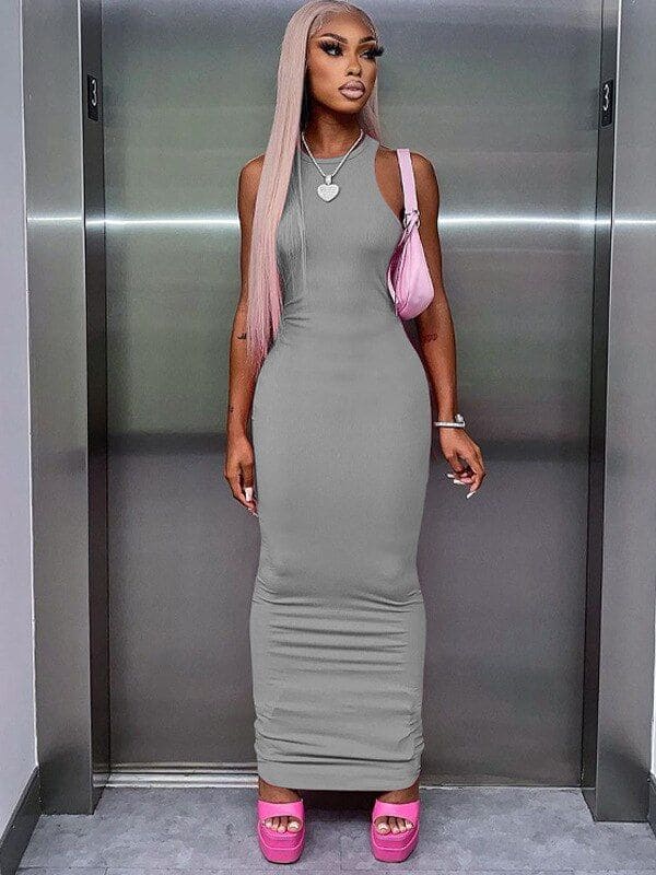 Summer Women's Sleeveless Streetwear Pink Bodycon Pencil Long Dress