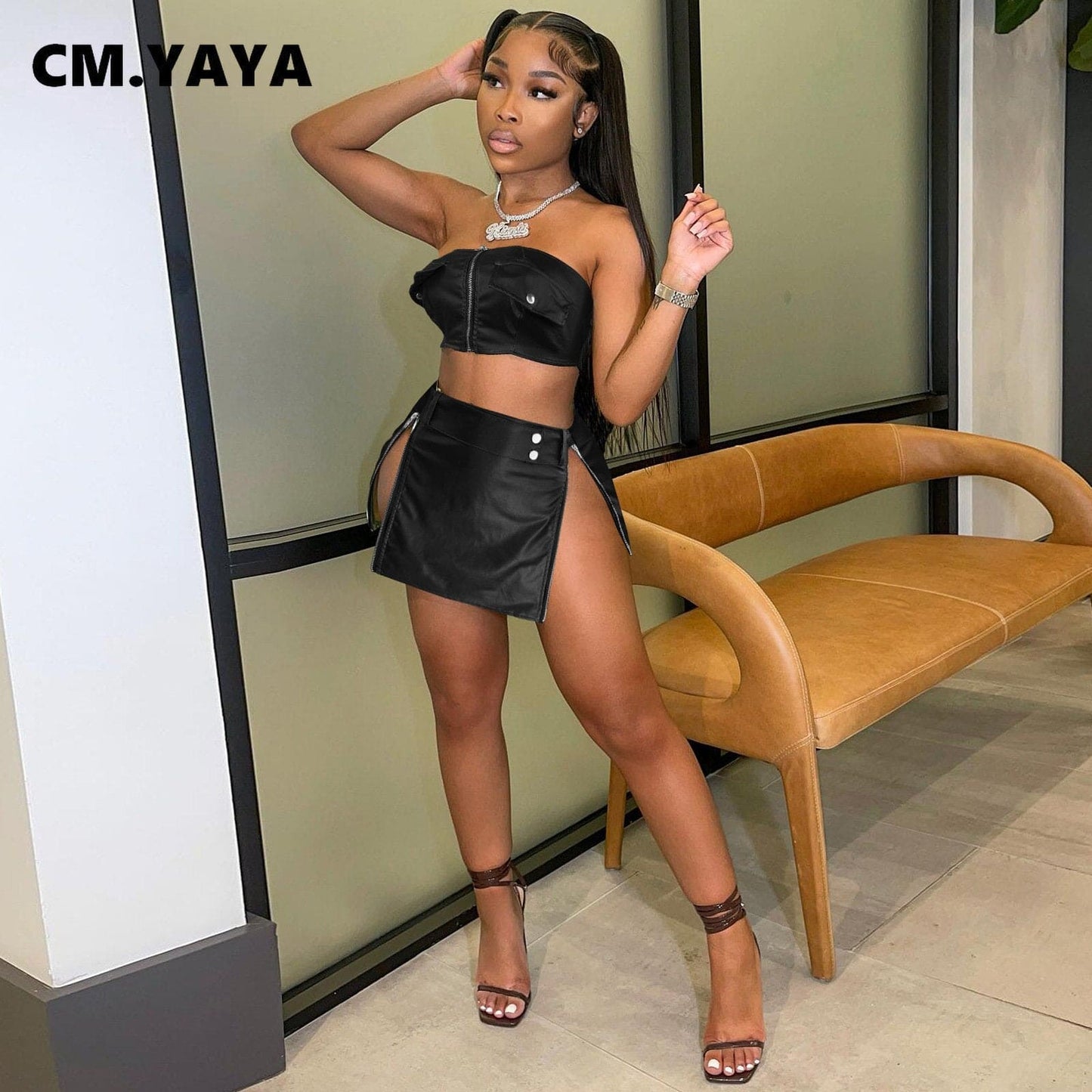 Fashion Street Faux Leather Women Zipper Fly Strapless Crop Top + Slit A-line Skirt