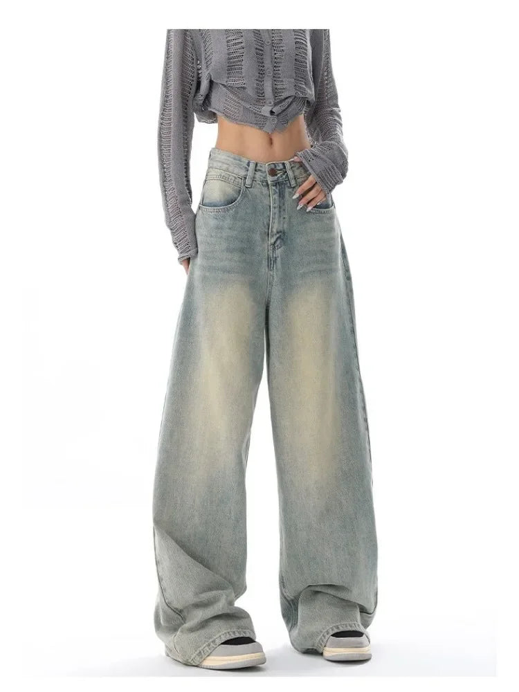 Retro Distressed Blue Baggy Jeans Women - Grunge Wide Leg Denim Pants