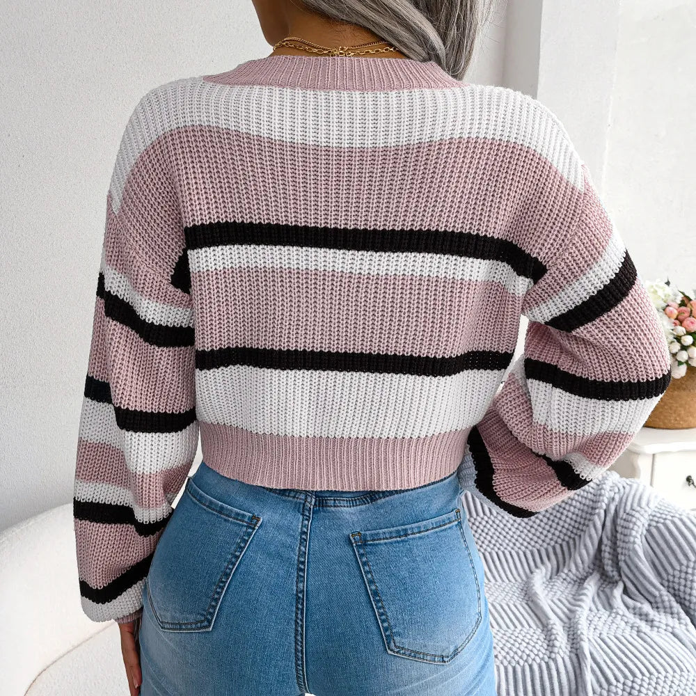 Women's Striped Crop Knitted Sweater | Casual Fall/Winter Fashion