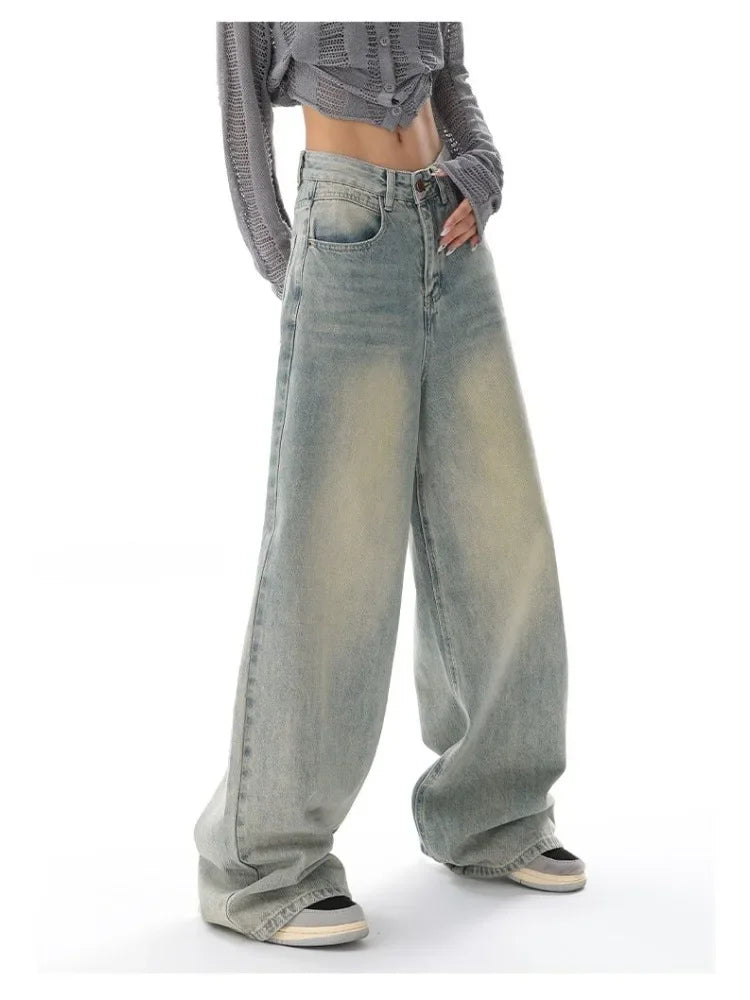 Retro Distressed Blue Baggy Jeans Women - Grunge Wide Leg Denim Pants