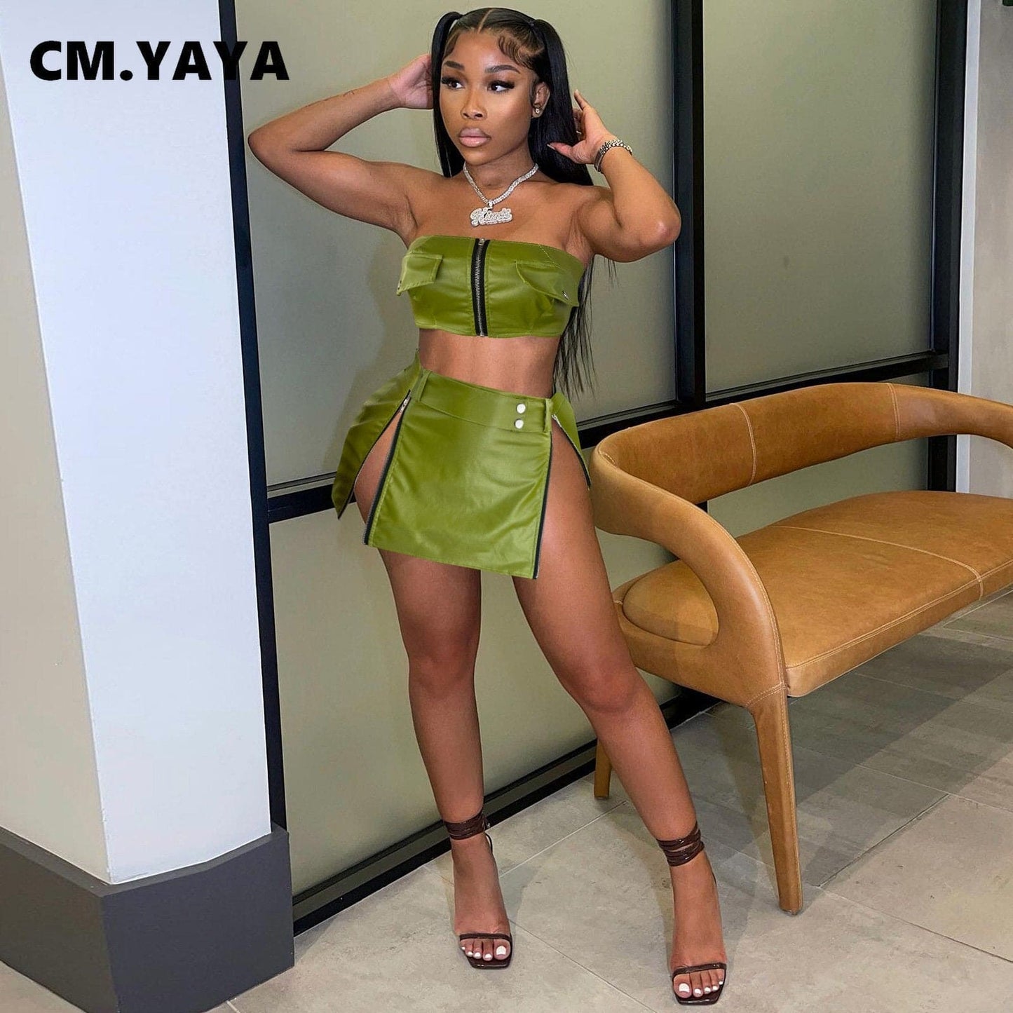 Fashion Street Faux Leather Women Zipper Fly Strapless Crop Top + Slit A-line Skirt