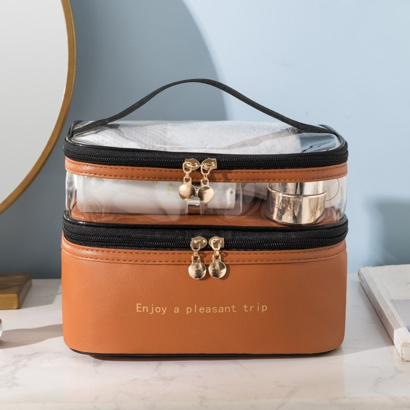 Sleek & Chic Double Layer Makeup Bag: Travel in Style with Portable, Waterproof Cosmetic Bag