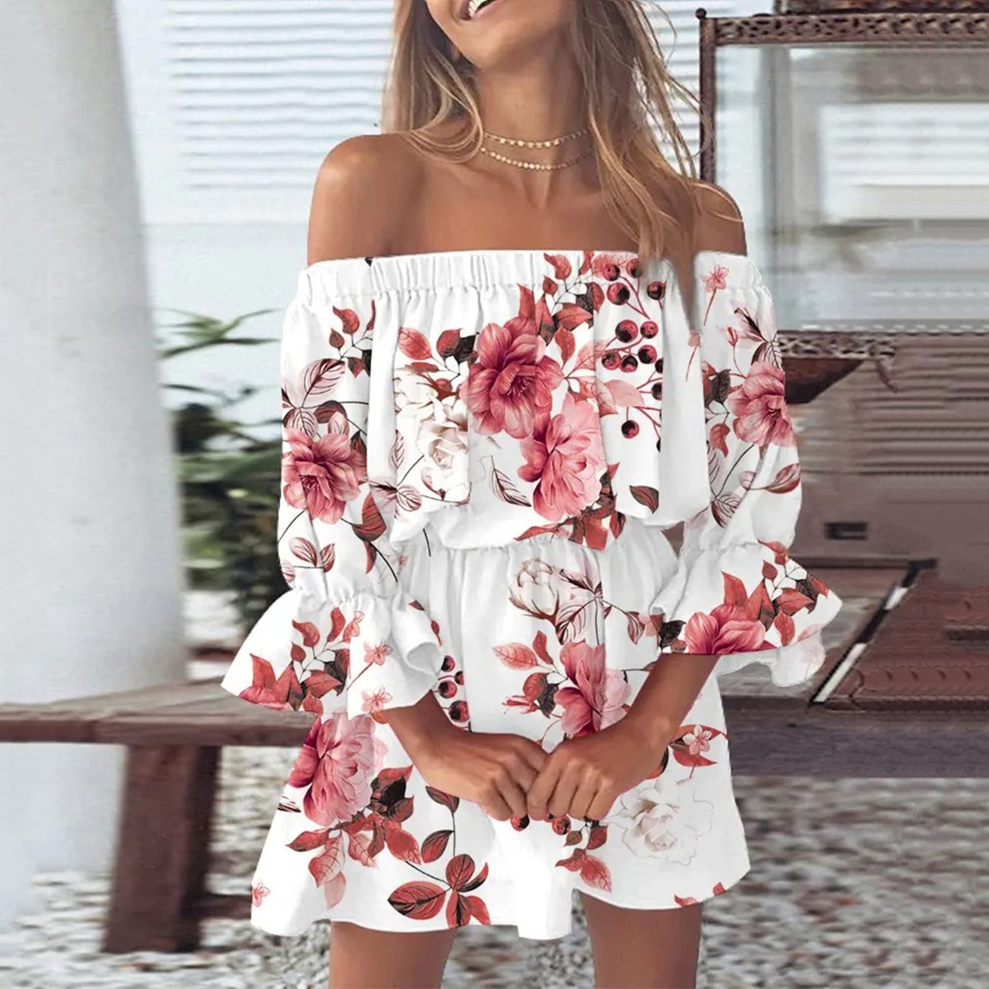 Step into Summer 2023 with Boho Chic Vibes in Our Off-Shoulder Floral Print Flare Sleeve Tunic Dress!