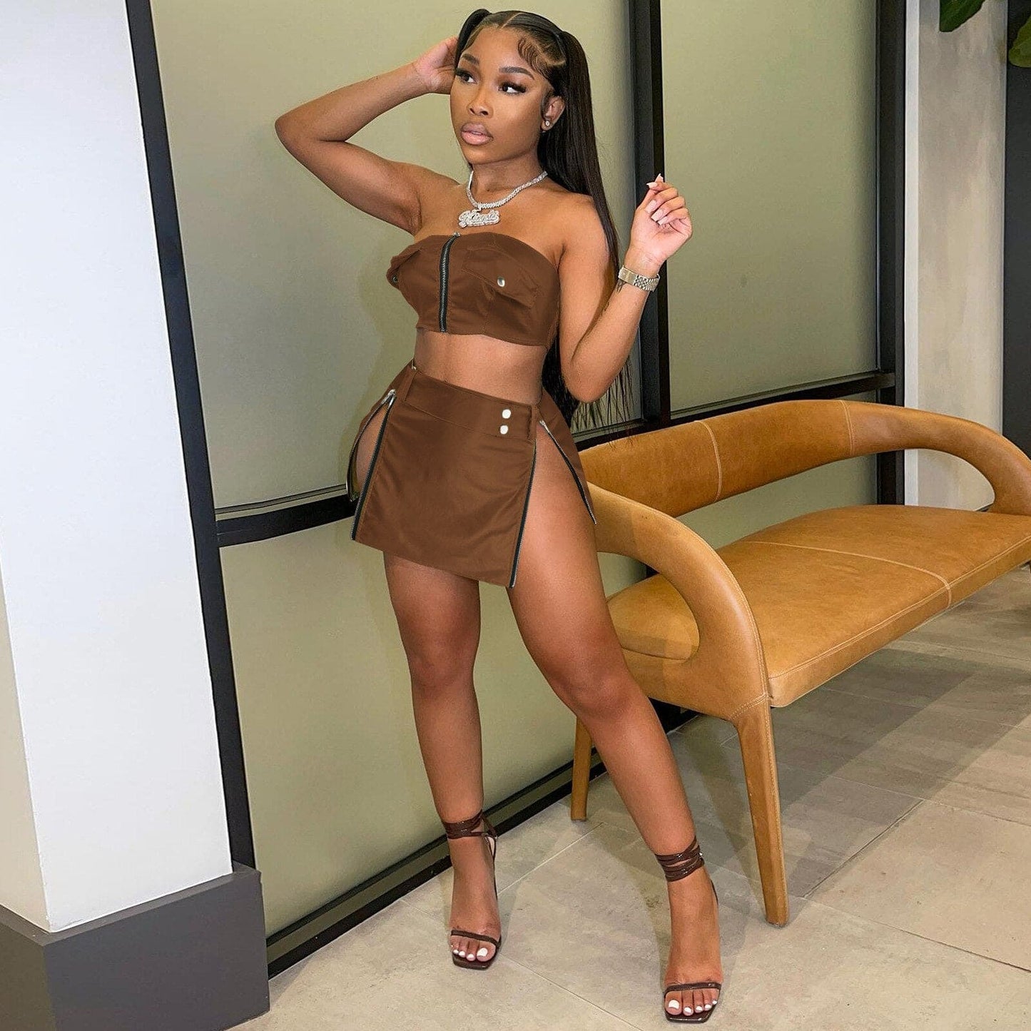 Fashion Street Faux Leather Women Zipper Fly Strapless Crop Top + Slit A-line Skirt