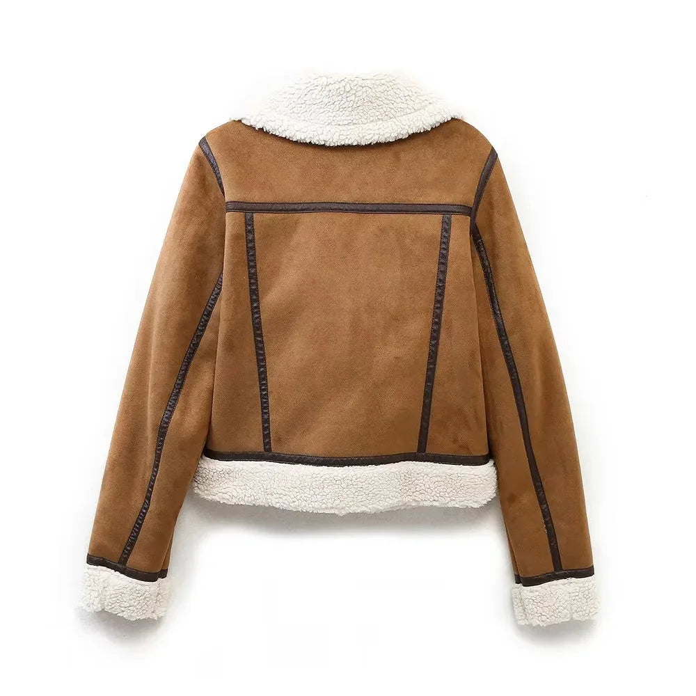 Winter Chic: Women's Casual Fur-Integrated Lamb Fleece Motorcycle Jacket