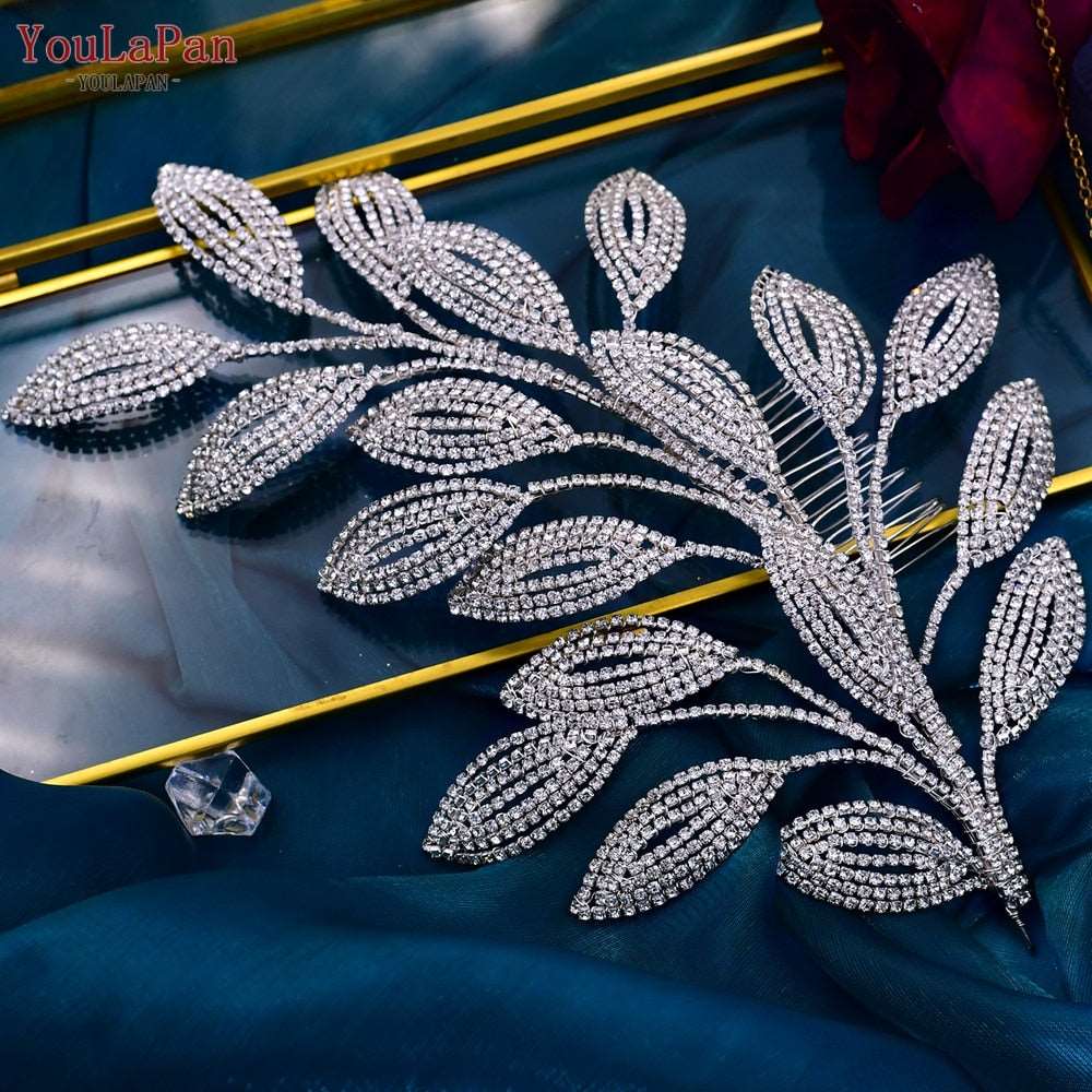 Bridal Comb Tiara | Rhinestone Leaf Wedding Hair Jewelry for Luxury Crystal Headdress