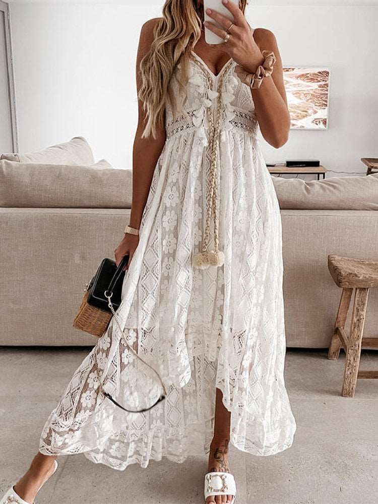 S. Adriana Women's Boho Maxi Dress - V Neck Lace Smocked Waist Flowy Long Dress For Wedding Guest