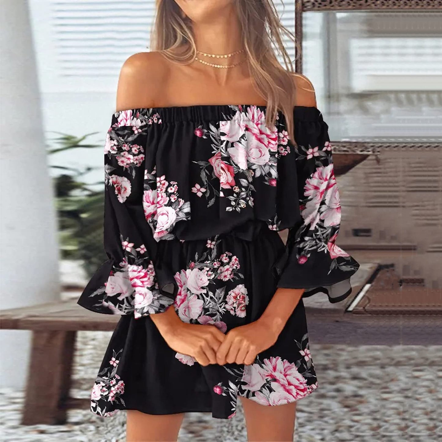 Step into Summer 2023 with Boho Chic Vibes in Our Off-Shoulder Floral Print Flare Sleeve Tunic Dress!