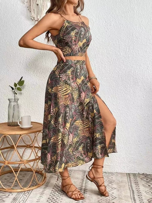 Summer Two Piece Strap Printed Bohemian Mid length Sleeveless Back Lace Up Dress