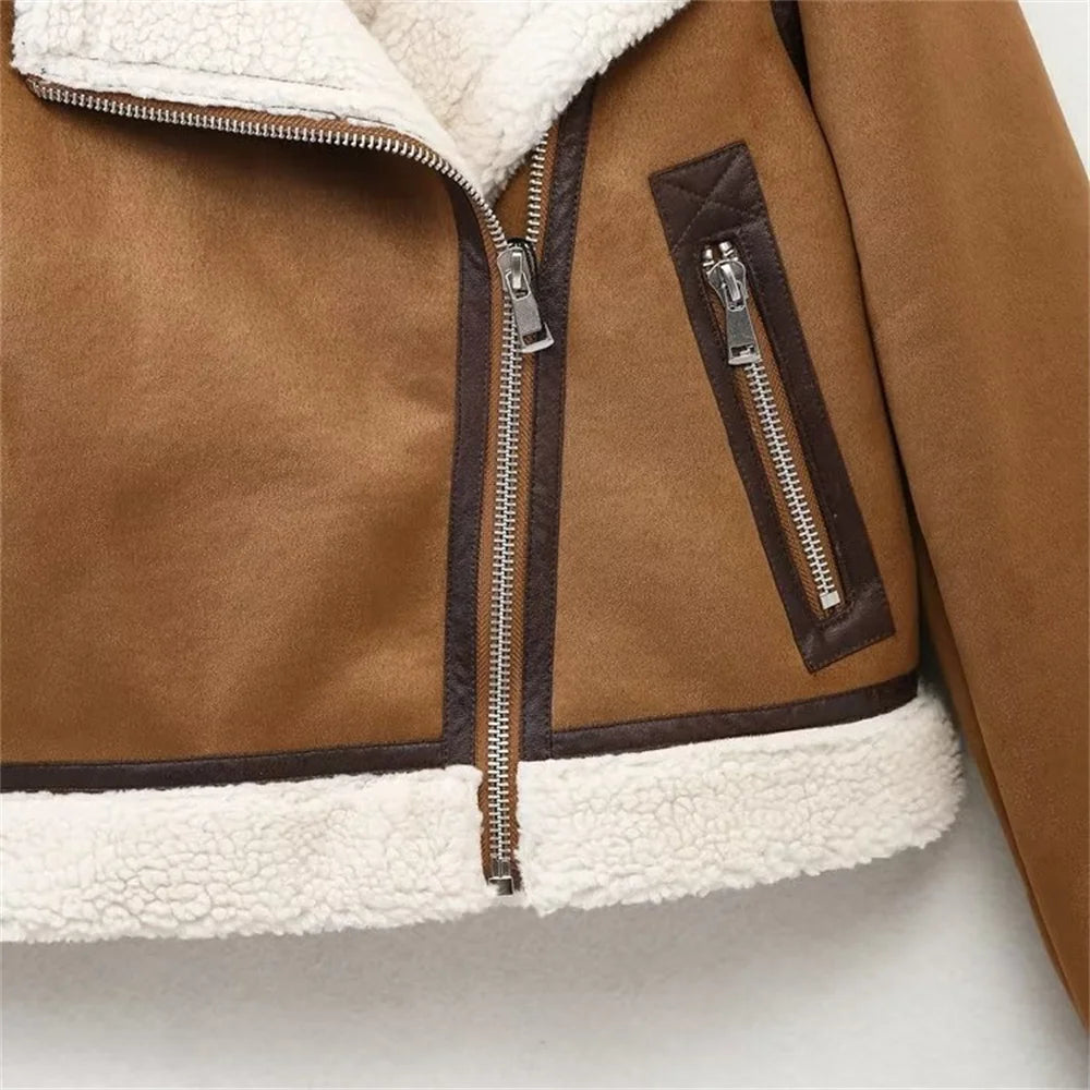 Winter Chic: Women's Casual Fur-Integrated Lamb Fleece Motorcycle Jacket