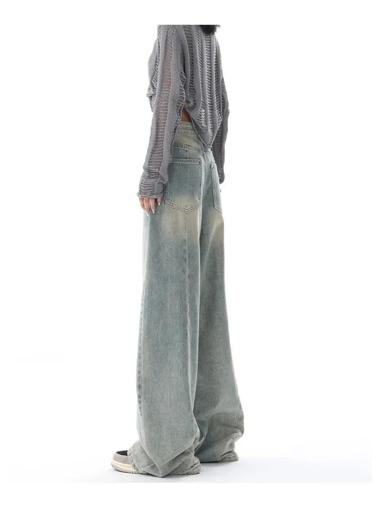 Retro Distressed Blue Baggy Jeans Women - Grunge Wide Leg Denim Pants