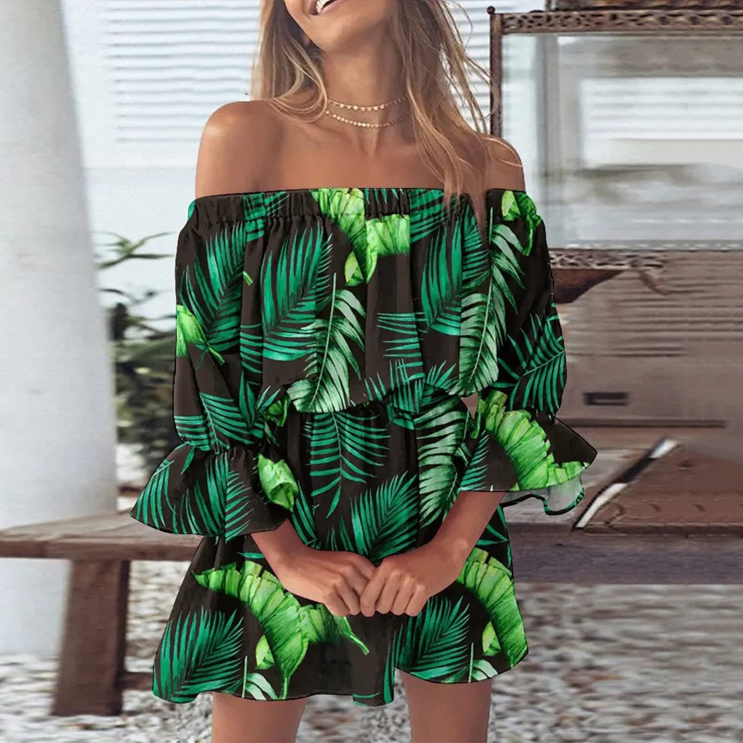 Step into Summer 2023 with Boho Chic Vibes in Our Off-Shoulder Floral Print Flare Sleeve Tunic Dress!
