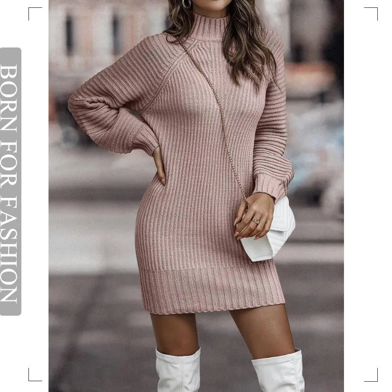 Vintage Knitted Dress Chic Turtleneck Sweater Dress for Women