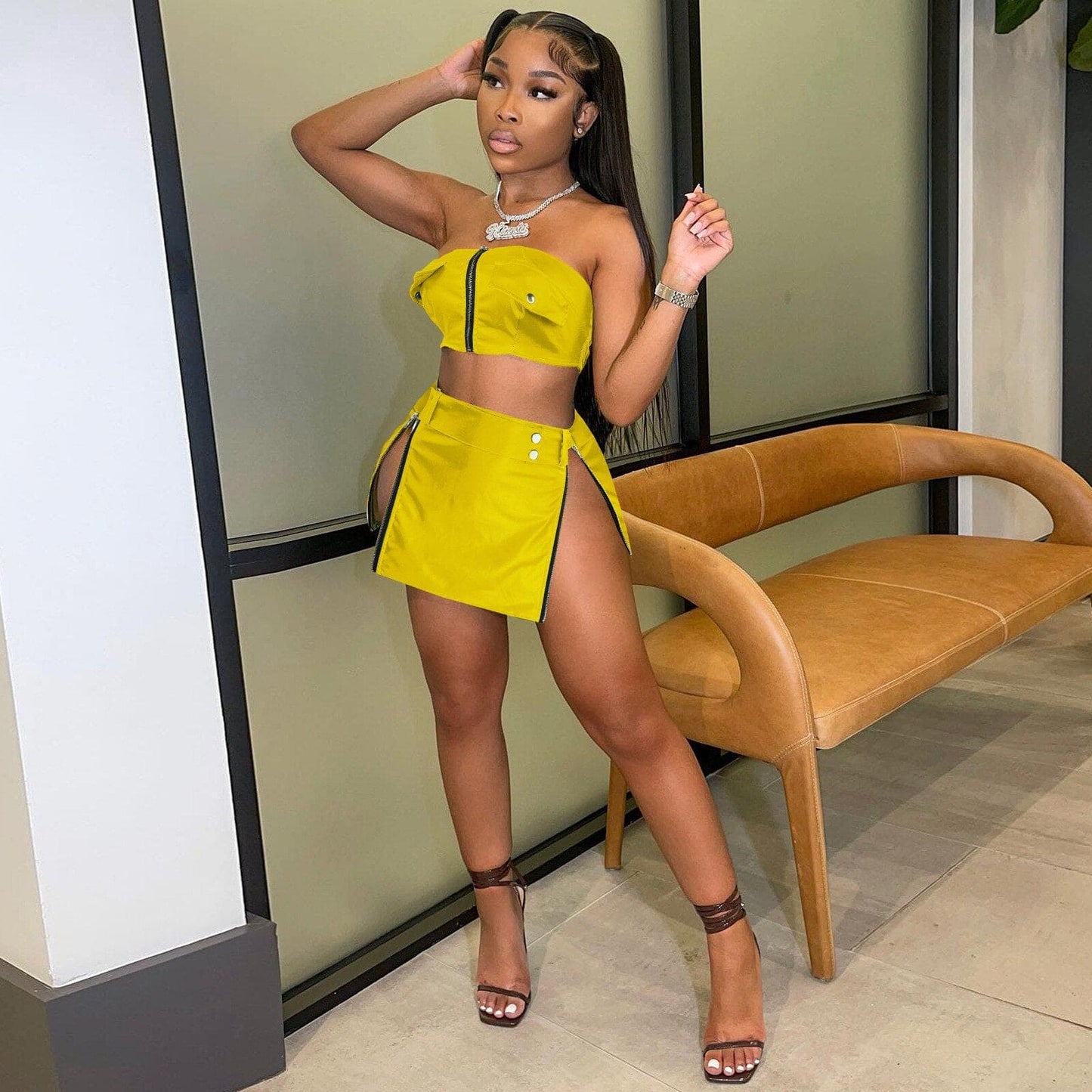 Fashion Street Faux Leather Women Zipper Fly Strapless Crop Top + Slit A-line Skirt