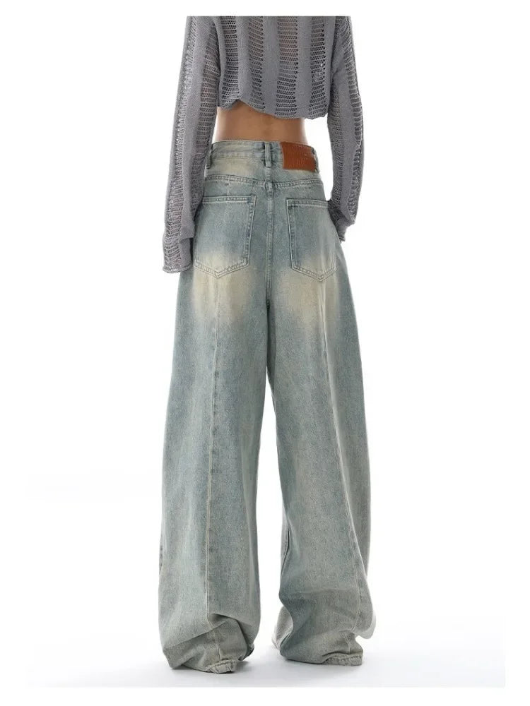 Retro Distressed Blue Baggy Jeans Women - Grunge Wide Leg Denim Pants