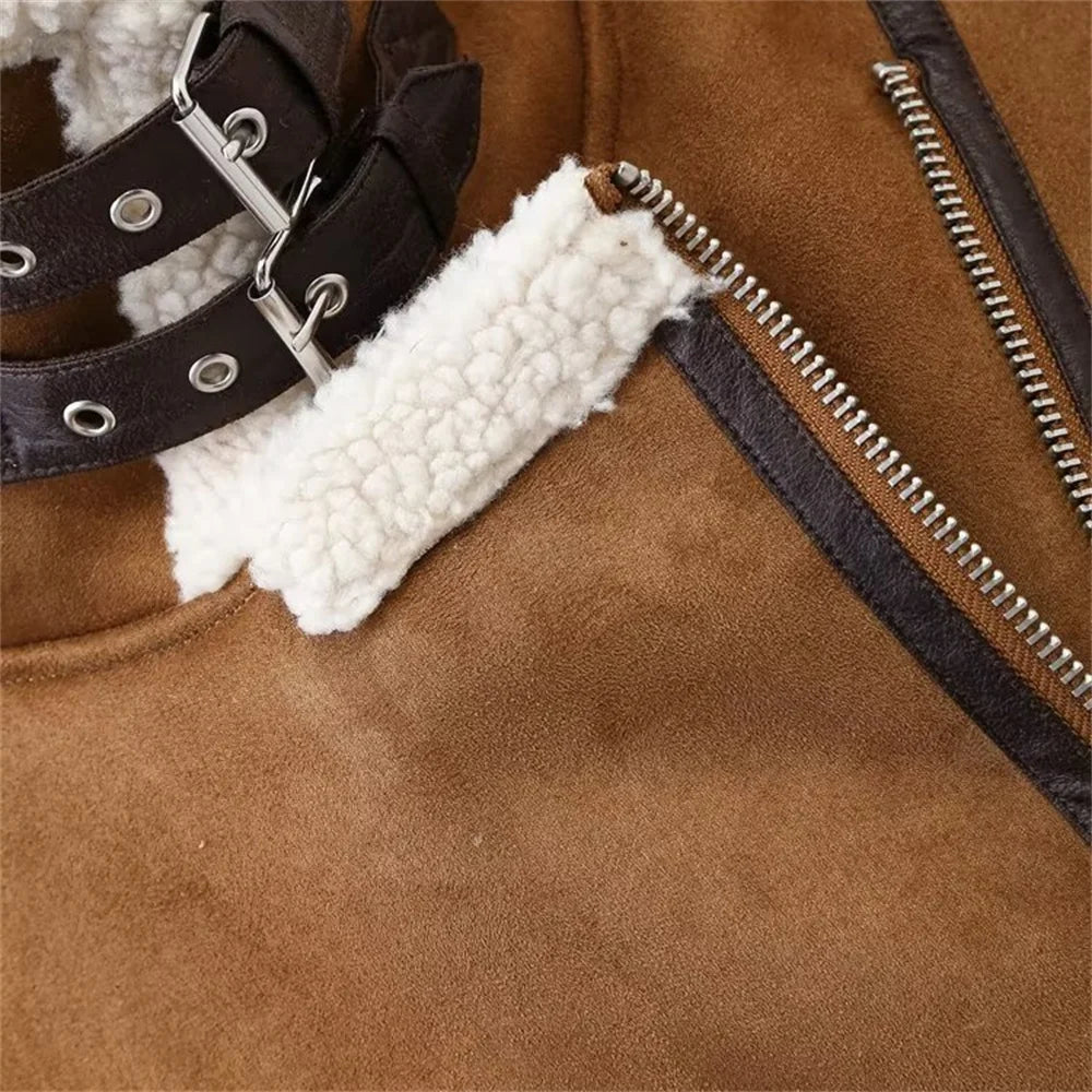 Winter Chic: Women's Casual Fur-Integrated Lamb Fleece Motorcycle Jacket