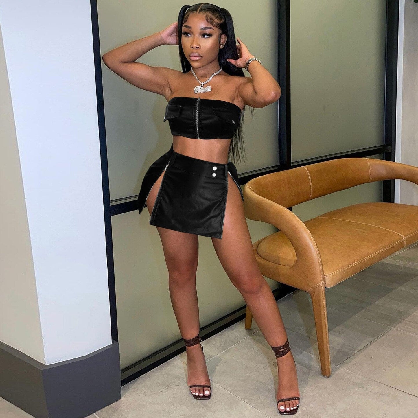 Fashion Street Faux Leather Women Zipper Fly Strapless Crop Top + Slit A-line Skirt