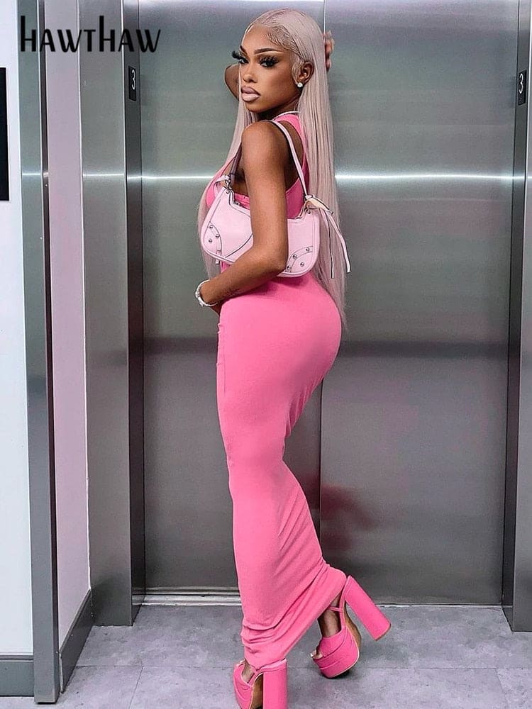 Summer Women's Sleeveless Streetwear Pink Bodycon Pencil Long Dress