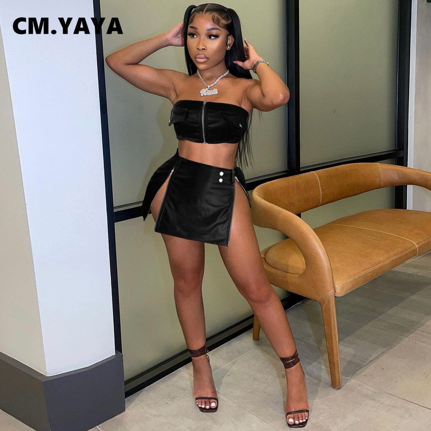 Fashion Street Faux Leather Women Zipper Fly Strapless Crop Top + Slit A-line Skirt