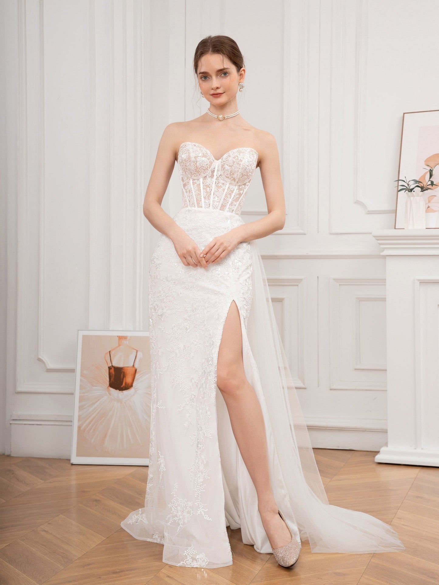 Sparkling Sequin Tube Formal Dress, Elegant Strapless Split Thigh Mesh Draped Dress For Party & Banquet, Women's Clothing