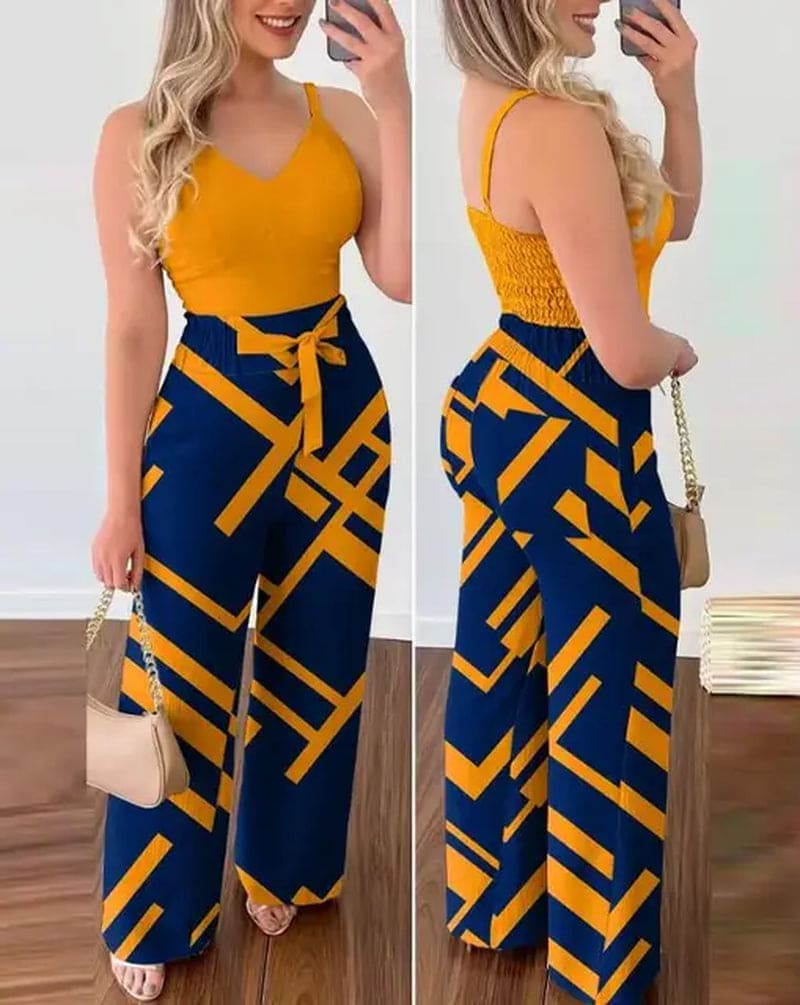 2024 Summer Women's Elegant V-Neck Jumpsuit Set with Shirred Cami Top and High Waist Pants - New Fashion Casual One Piece"
