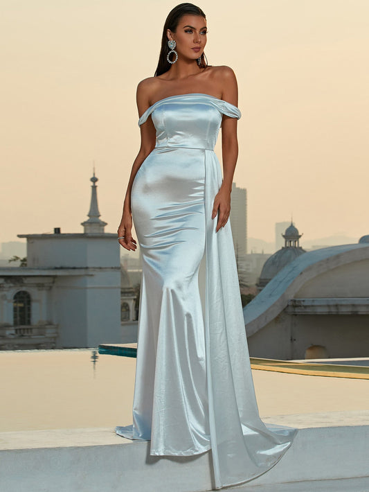 Satin Off Shoulder Draped Side Mermaid Hem Satin Formal Dress