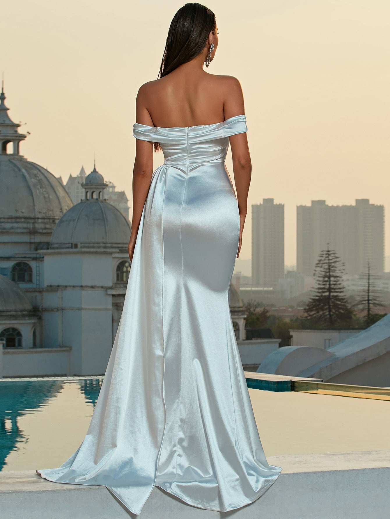Satin Off Shoulder Draped Side Mermaid Hem Satin Formal Dress