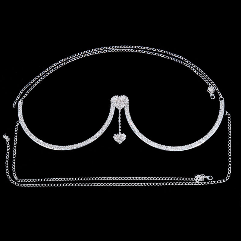 Rhinestone Bra Body Chain-Double Heart Rhinestone Body Chain | Stylish Chest Support Jewelry