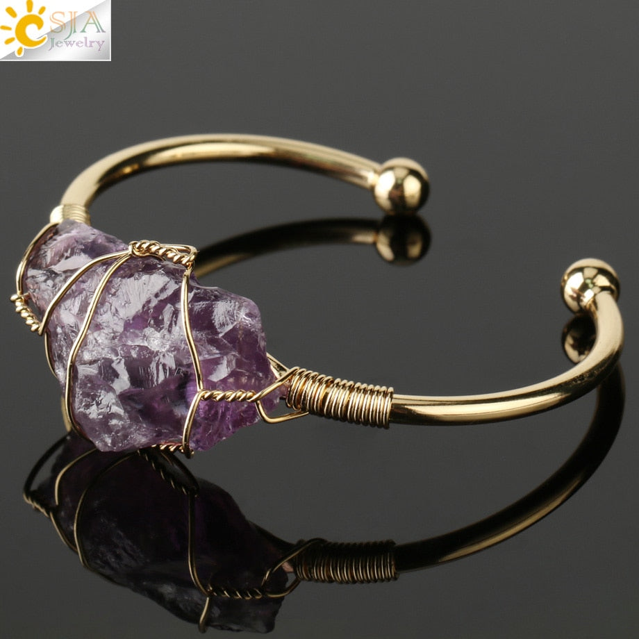 Natural Stone Bangles Cuff Copper Bracelets for Women Gold-Color Wire Wrap Irregular Crystal Quartz
