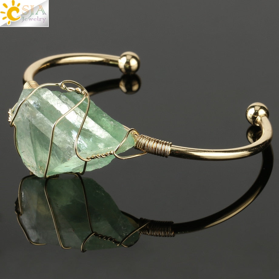 Natural Stone Bangles Cuff Copper Bracelets for Women Gold-Color Wire Wrap Irregular Crystal Quartz