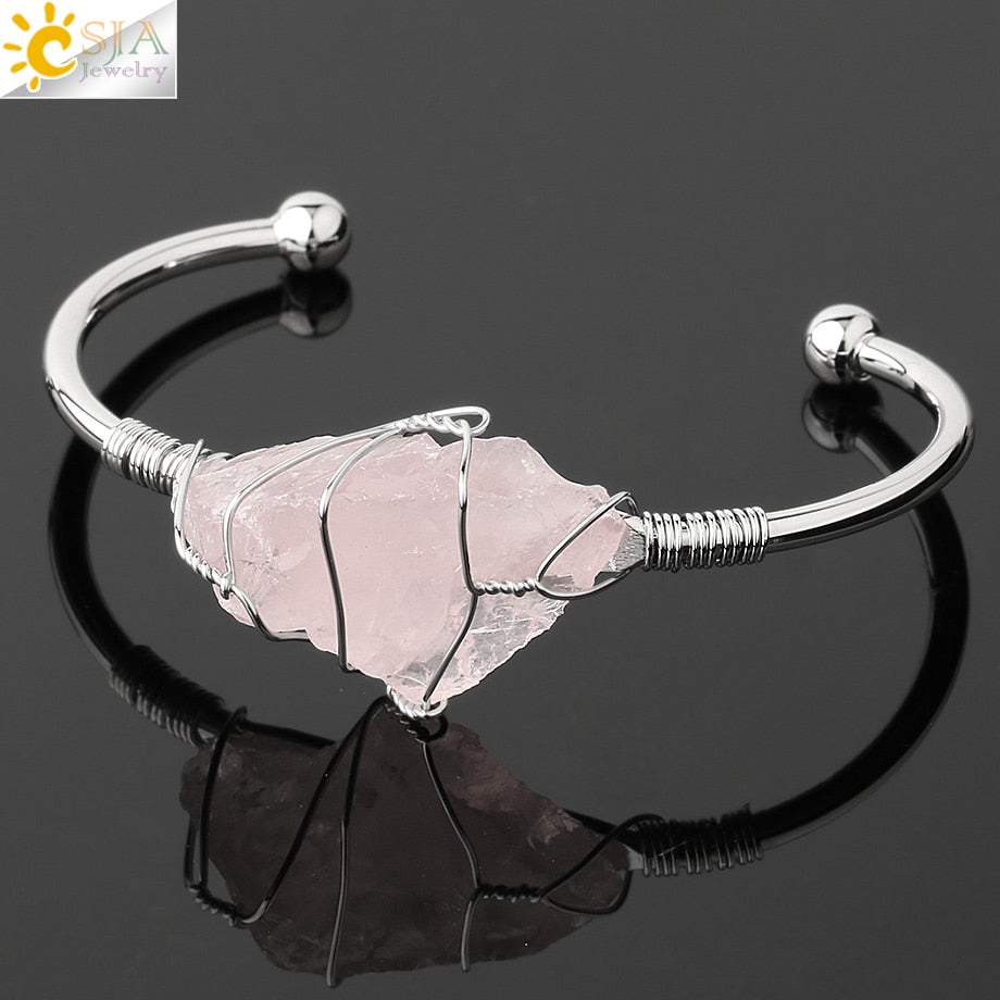 Natural Stone Bangles Cuff Copper Bracelets for Women Gold-Color Wire Wrap Irregular Crystal Quartz